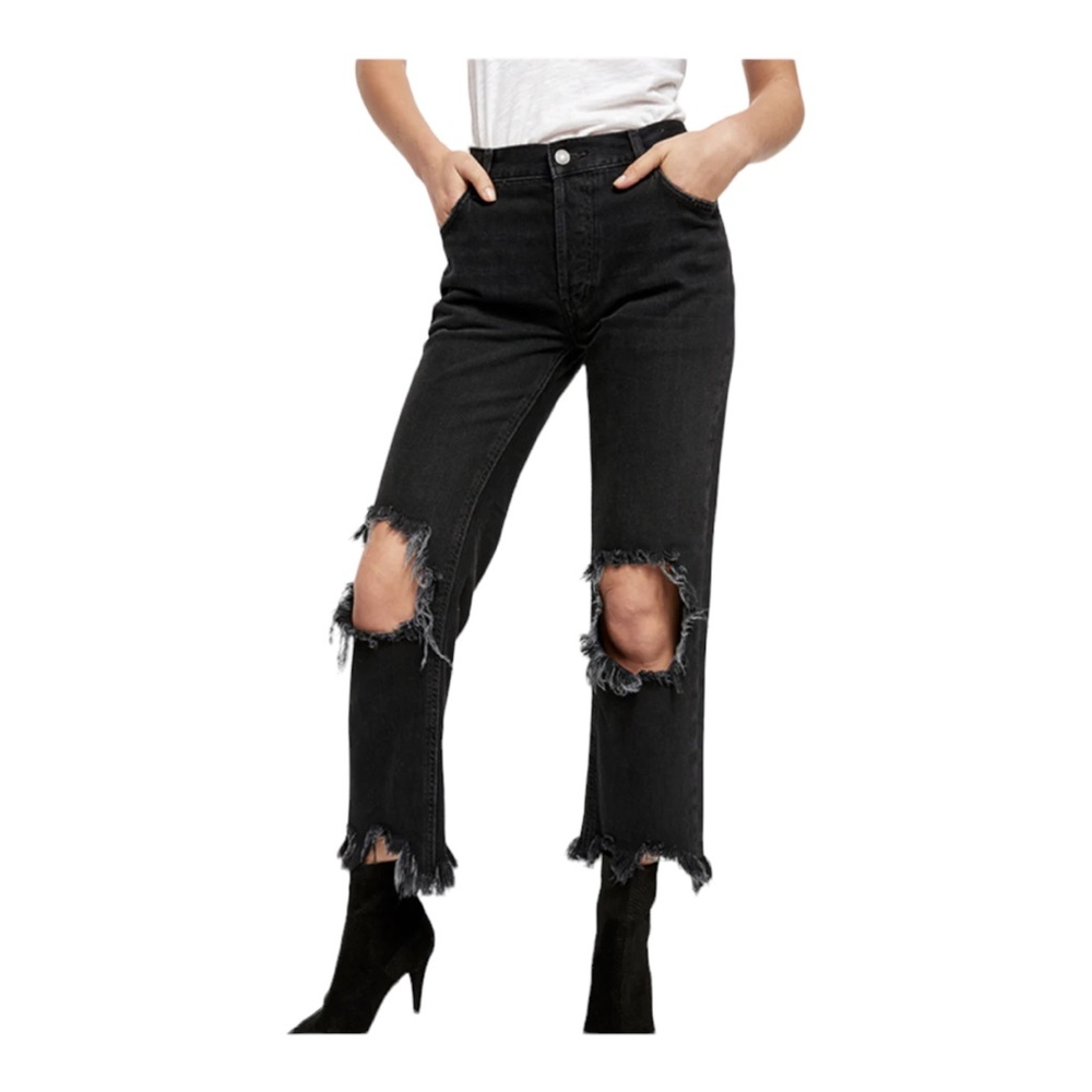 We the Free Maggie MidRise Straight Jeans 26 Destroyed Holes Black 28 Inseam NEW